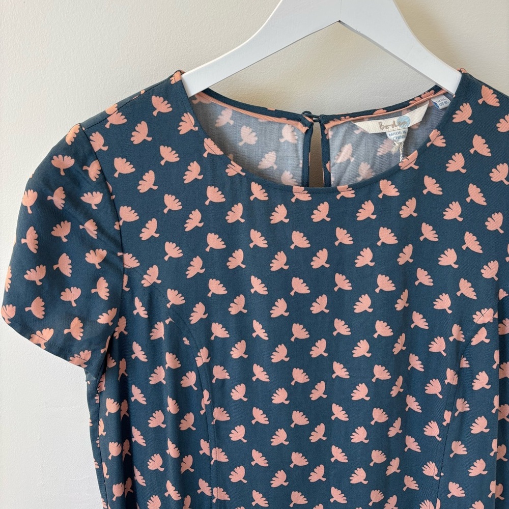 Boden Navy Midi Dress with Blush Pink Floral Motif